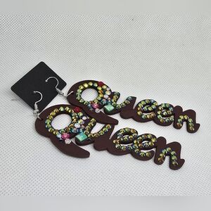 Brown "Queen " bling earrings